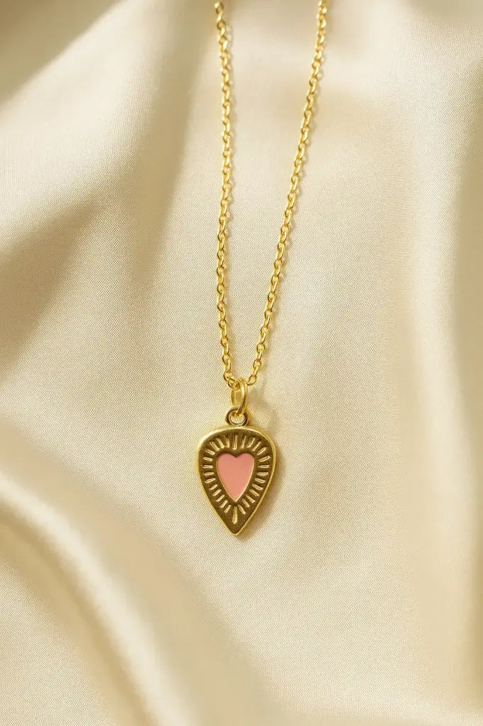Pink Enamel Heart Pendant Necklace